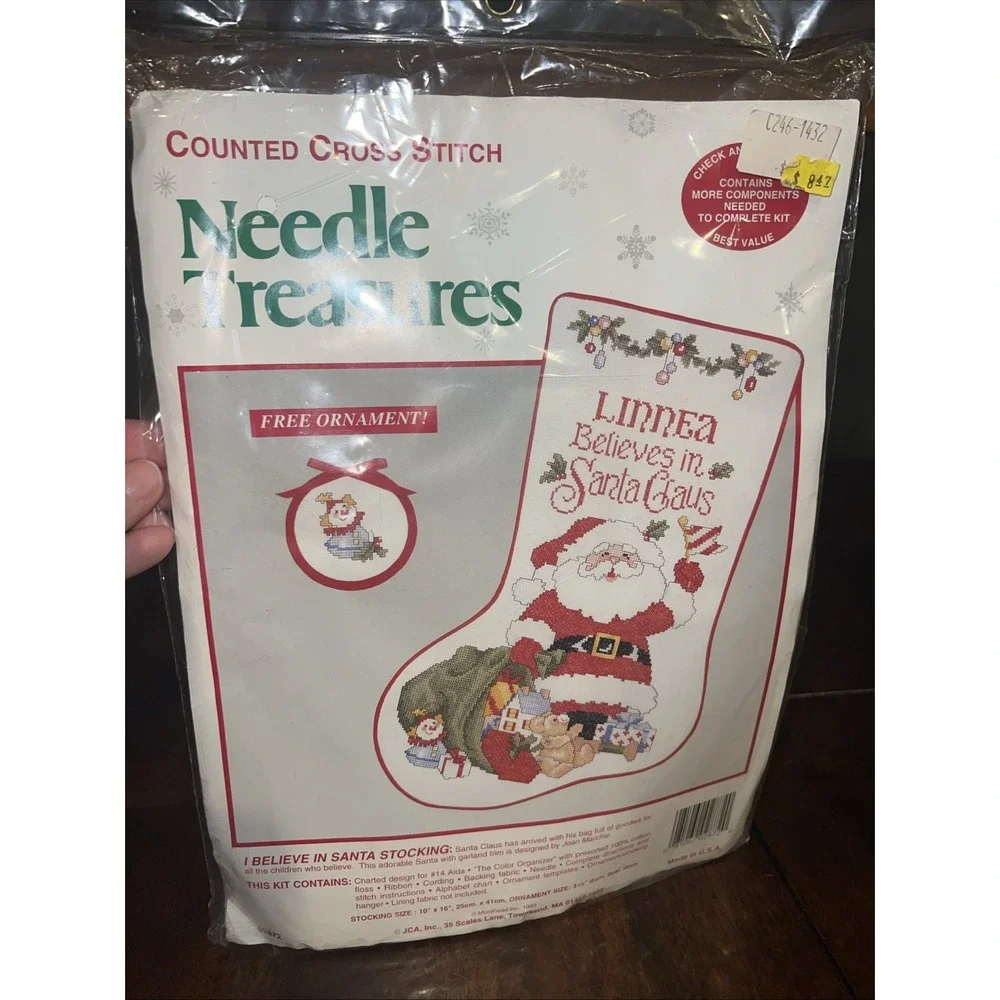 Needle Treasures Cross Stitch Kit Unisex OS White Santa Stocking Ornament 02872 - Picture 2 of 6